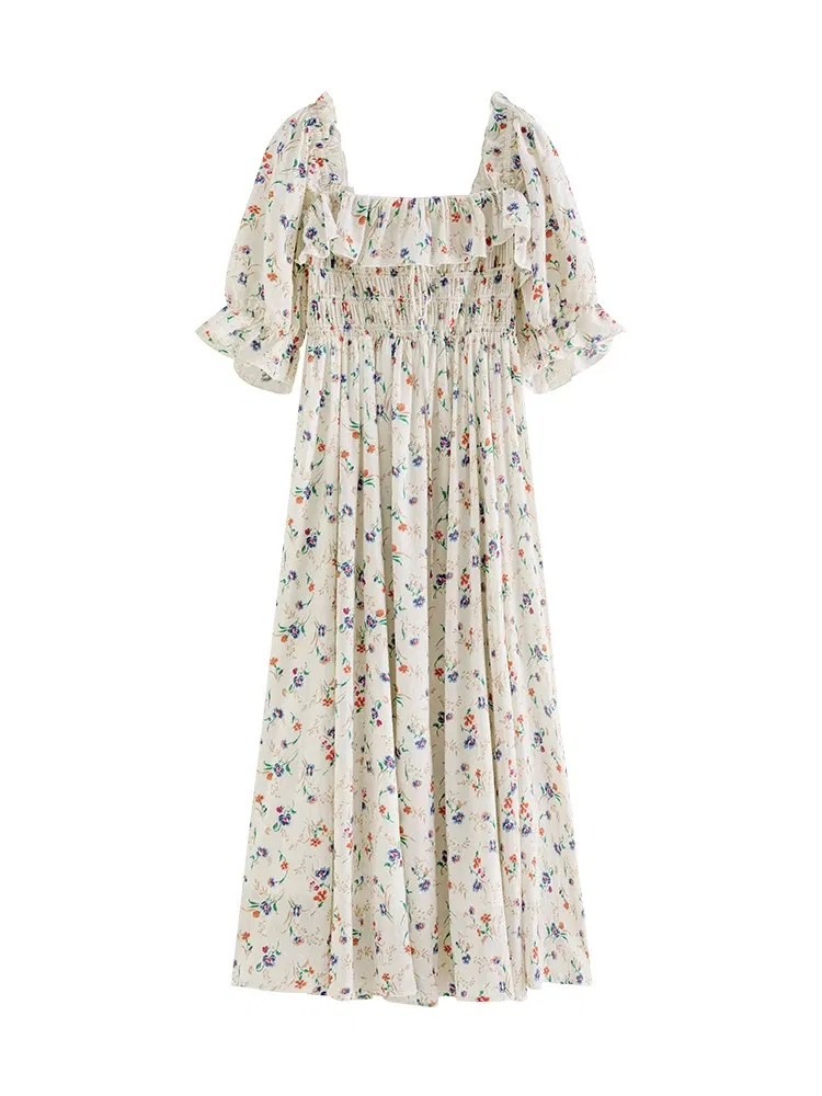 Color: Beige, Size: XL - FSLE Square Neck Women Loose 100% Cotton Long Dresses Puff Sleeve Country Style Floral A-LINE Skirts Summer Female Sweet Dress