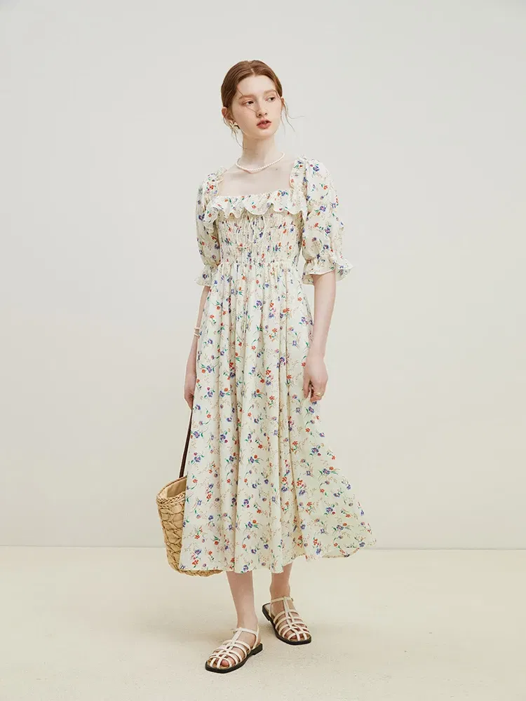 Color: Beige, Size: XL - FSLE Square Neck Women Loose 100% Cotton Long Dresses Puff Sleeve Country Style Floral A-LINE Skirts Summer Female Sweet Dress