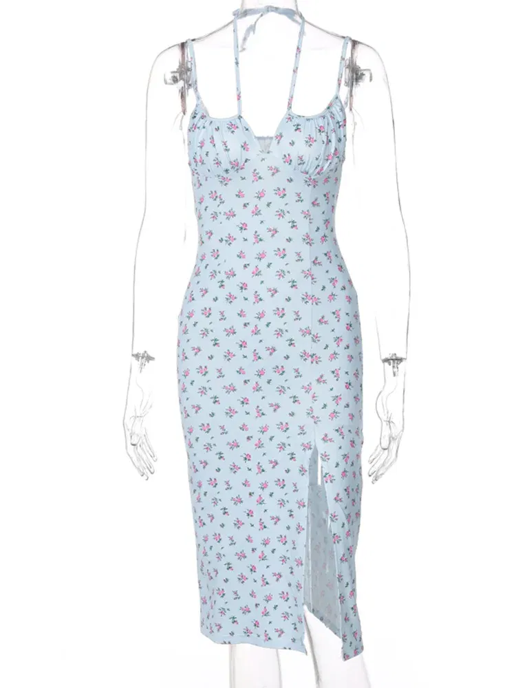 Color: Blue, Size: S - Hugcitar 2023 Sleeveless Satin Slip Floral Ruched Bandage Cut Out Maxi Dress Summer Women Fashion Sexy Party Club Robe Kpytomoa