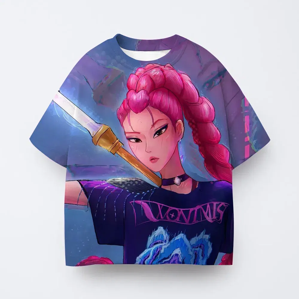 Color: Blue, Kid Size: 5 - Toddler Girl Clothes Kpop Demon Hunters Cartoon Tee Shirt Funny Gift for Fans Harajuku Cool Kids T-shirts Cotton Summer Tops