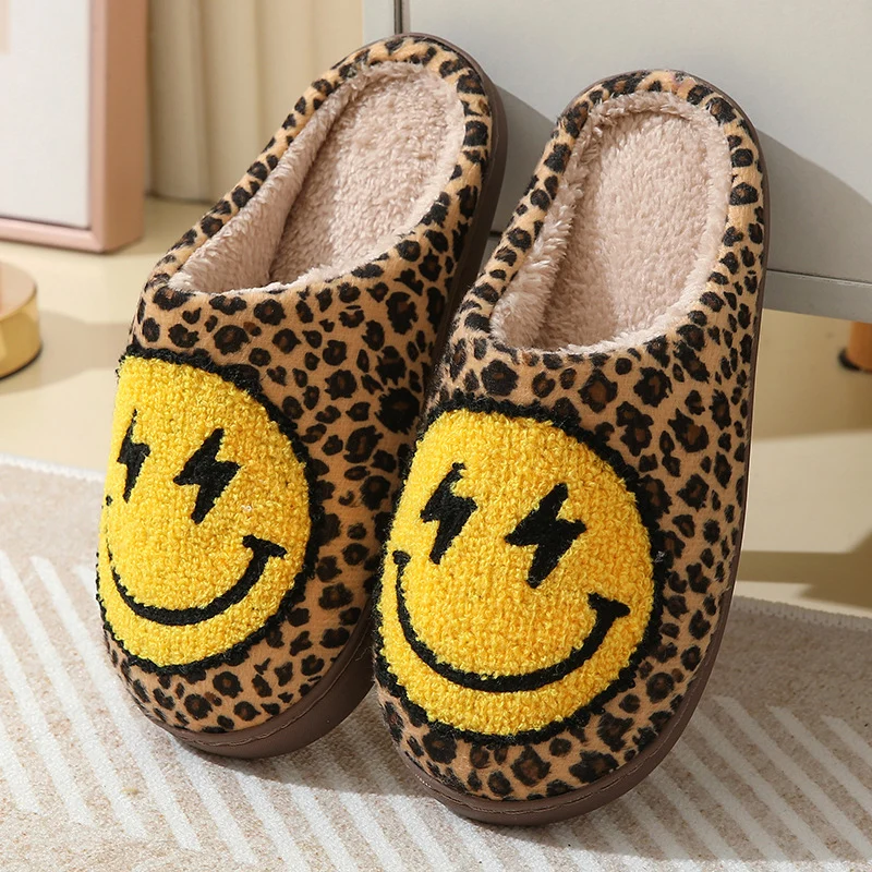 Color: Beige, Shoe Size: 41 - Leopard Print Winter Slippers Women Lightning Smile Face Fluffy Fur Slippers Woman Indoor Anti-slip Furry Couple Cotton Slides