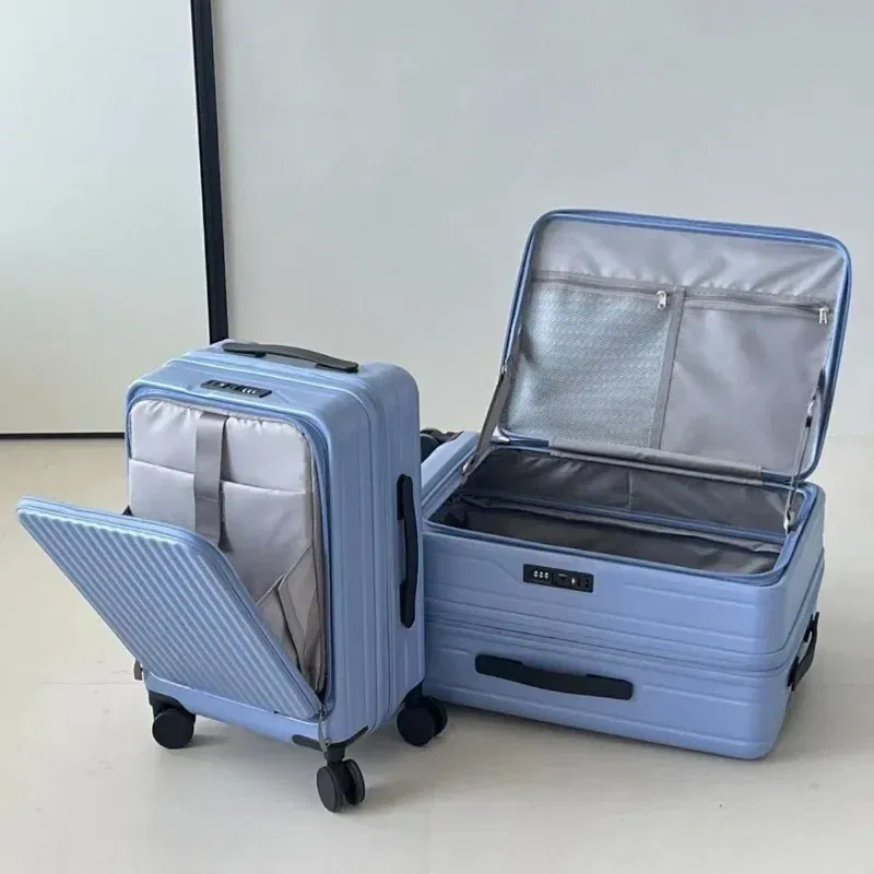 Color: Blue, Luggage Size: 16Inches 400mm, Ships From: CHINA - 2025 New 20-inch PC Hard Shell Lightweight Roller Travel Expandable Multifunctional Front Opening Suitcase Cabin Trolley Case