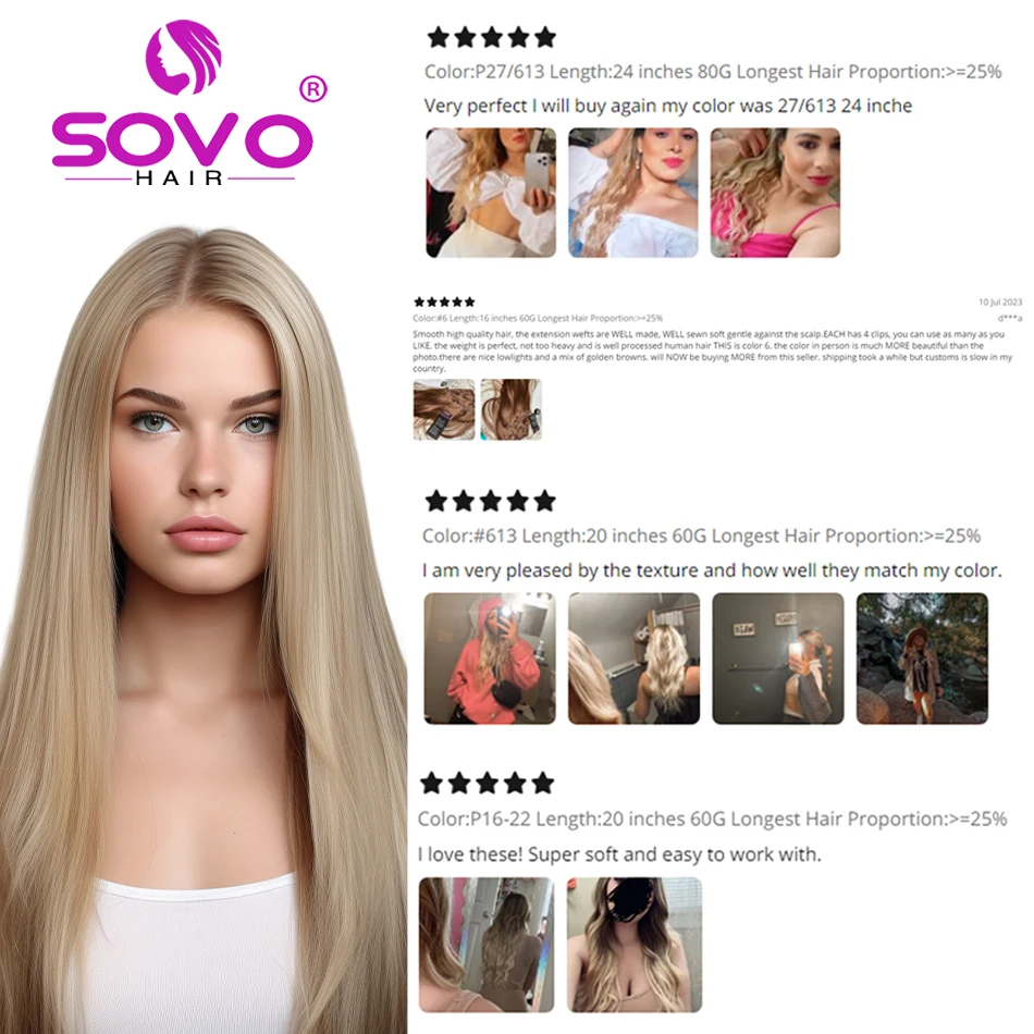 Color: P18/22, Length: 14 inches - SOVO Clip In Hair Extensions Human Hair 3 Pieces Bone Straight Clip Ins Hair Extension 60-90G Real Natural European Hair 12-26"