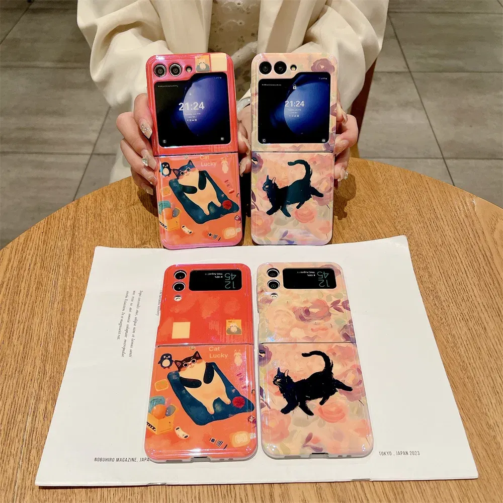 Material: Cotton Fabric, Color: Black - Cute Lazy Cat Deer Oil Painting Z Flip 3 4 5 Case Luxury for Samsung Galaxy Z Flip 4 3 5 Z4 Flip4 Flip3 Flip5 Fashion Cover