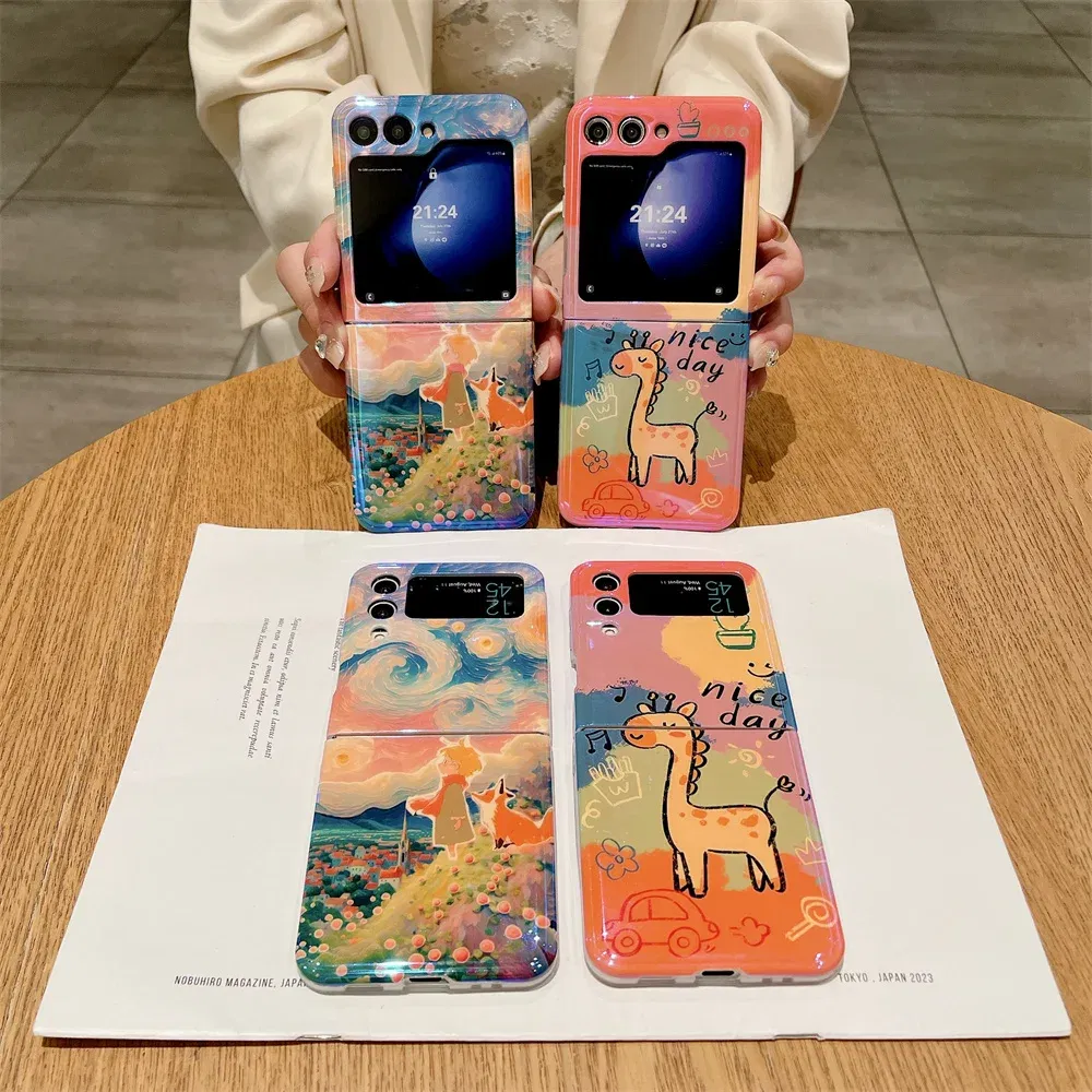 Material: Cotton Fabric, Color: Black - Cute Lazy Cat Deer Oil Painting Z Flip 3 4 5 Case Luxury for Samsung Galaxy Z Flip 4 3 5 Z4 Flip4 Flip3 Flip5 Fashion Cover