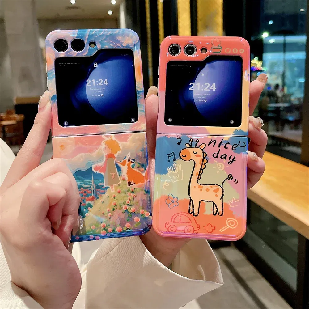 Material: Cotton Fabric, Color: Black - Cute Lazy Cat Deer Oil Painting Z Flip 3 4 5 Case Luxury for Samsung Galaxy Z Flip 4 3 5 Z4 Flip4 Flip3 Flip5 Fashion Cover