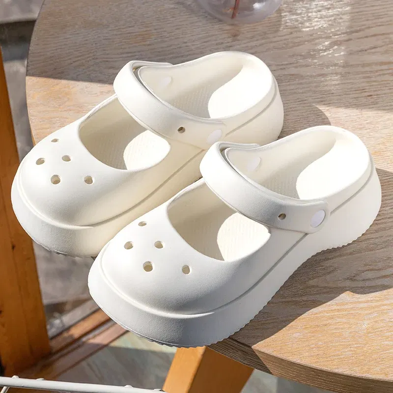 Color: WHITE, Shoe Size: 37 - Summer Women Slippers Fashion Thick Bottom Hole Shoes EVA Slippers Anti Slip Baotou Slippers Outdoor Beach Sandals Slippers