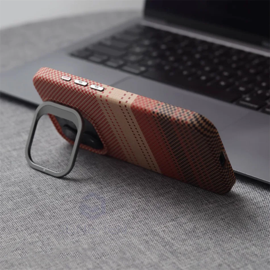 Color: Orange, Material: PP - Luxury Magnetic Stand Metal Lens Relief Carbon Fibre Pattern For Magsafe Case For iPhone 15 14 13 Pro Max Shockproof  Back Cover