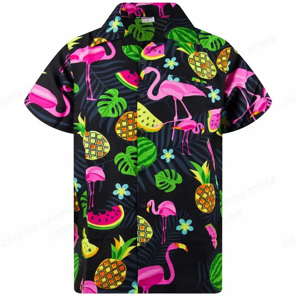 Color: army green, Size: 4XL - Flamingo Hawaiian Shirts Beach Summer Men's Shirt Tropic Leaf 3D Print Shirts Men Women Fashion Blouse Short Sleeve Vocation