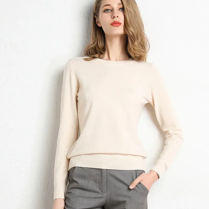 Color: Beige, Size: XXL - Women Slim O-Neck Solid Pullover Cashmere Wool Blending Sweater Autumn And Winter Long-Sleeved Knit Bottoming Shirt Large Size