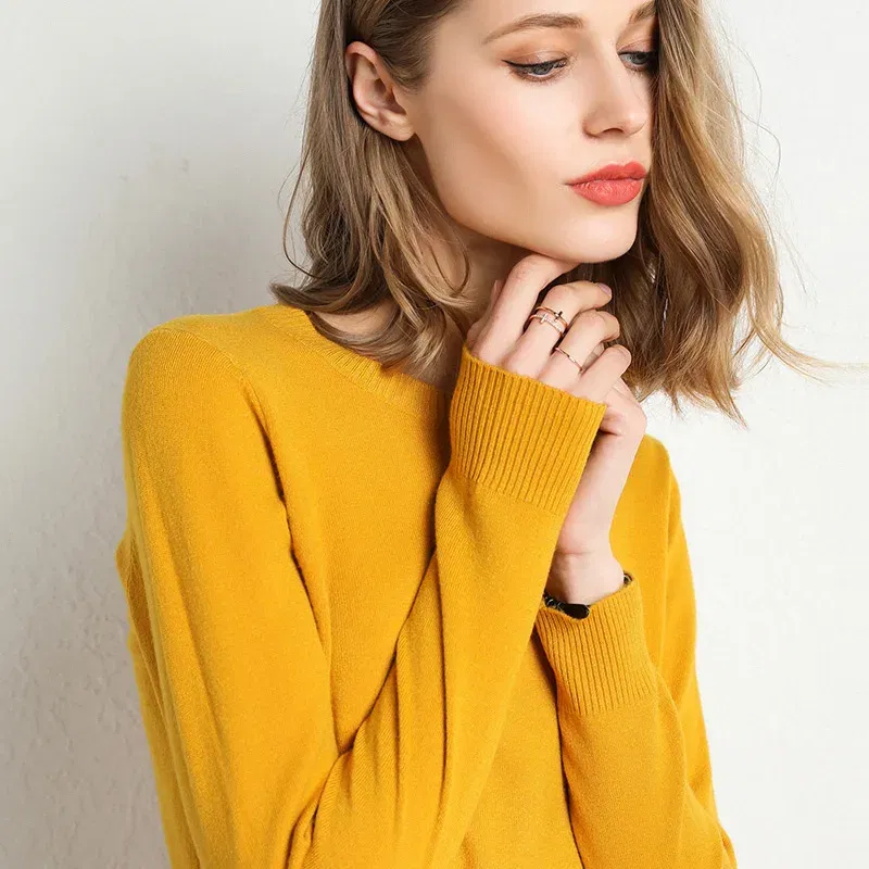 Color: Beige, Size: XXL - Women Slim O-Neck Solid Pullover Cashmere Wool Blending Sweater Autumn And Winter Long-Sleeved Knit Bottoming Shirt Large Size