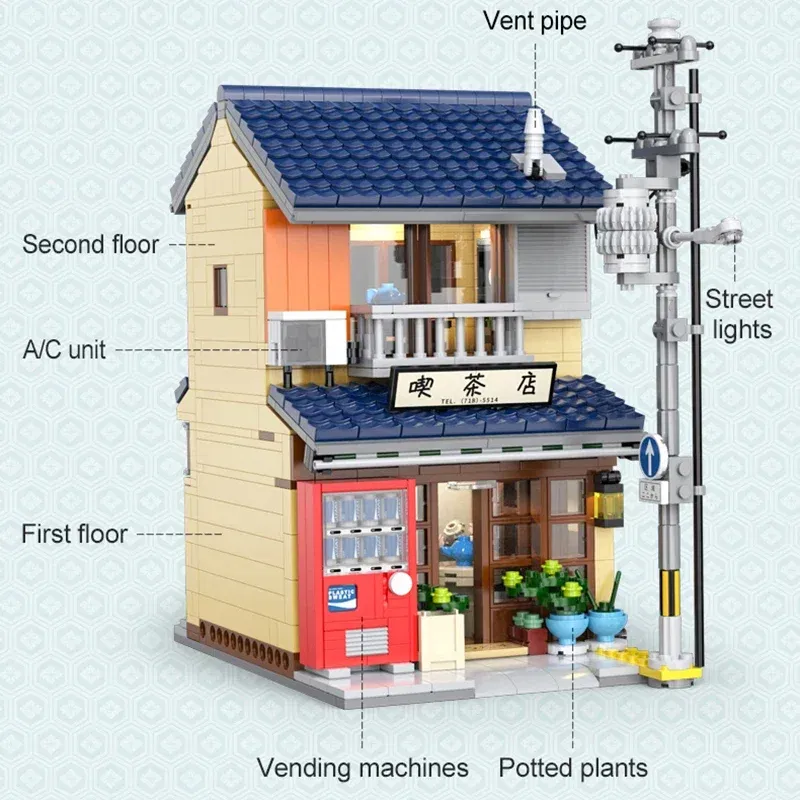 Color: Wood - With Packaging BOX LED City Japanese Tea Shop House Architecture Building Blocks Friends Shop Figures Bricks Toys for Kid Gifts