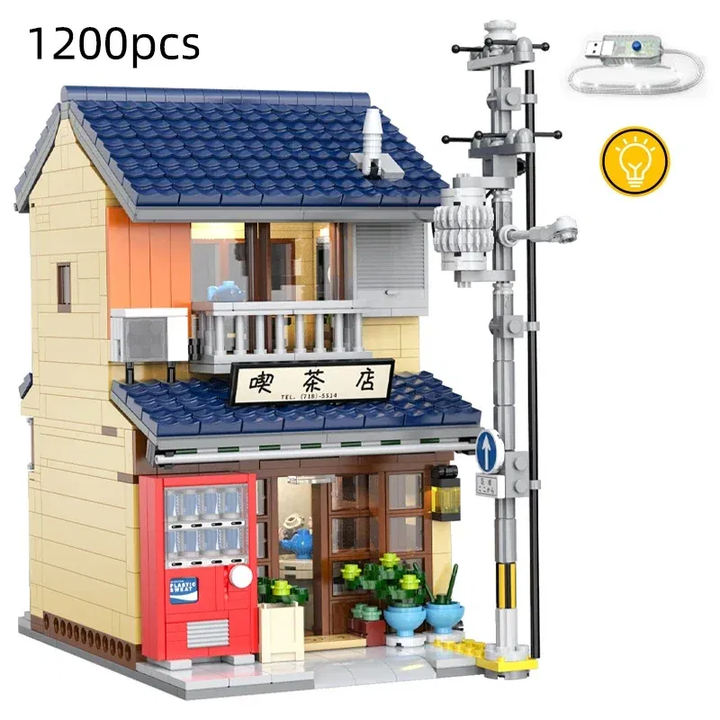Color: Wood - With Packaging BOX LED City Japanese Tea Shop House Architecture Building Blocks Friends Shop Figures Bricks Toys for Kid Gifts