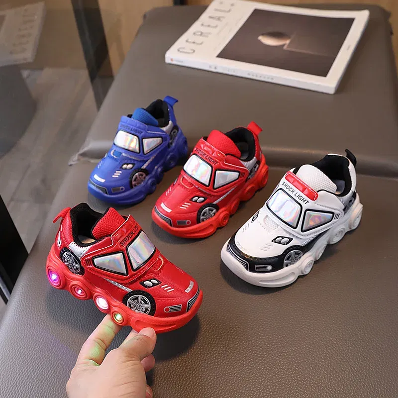Color: Blue, Shoe Size: 26 - Diseny Kids'Casual Shoes Led Light Car Club Cartoon PU Leather Spring Shoes For Children Anti-slip Red Blue Shoes Size 21-30