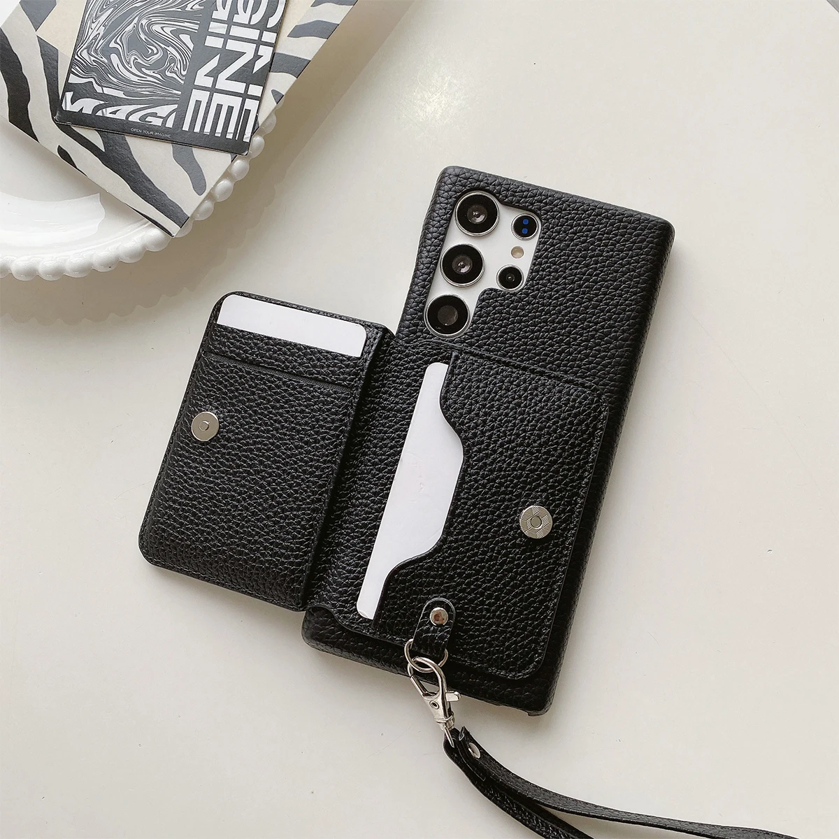 Color: WHITE, Material: ABS - Luxury Lanyard Wallet Case For Samsung Galaxy S21 FE S22 S23 Plus Note 20 Ultra A52 A53 A54 5G Lichee Pattern Leather Cover