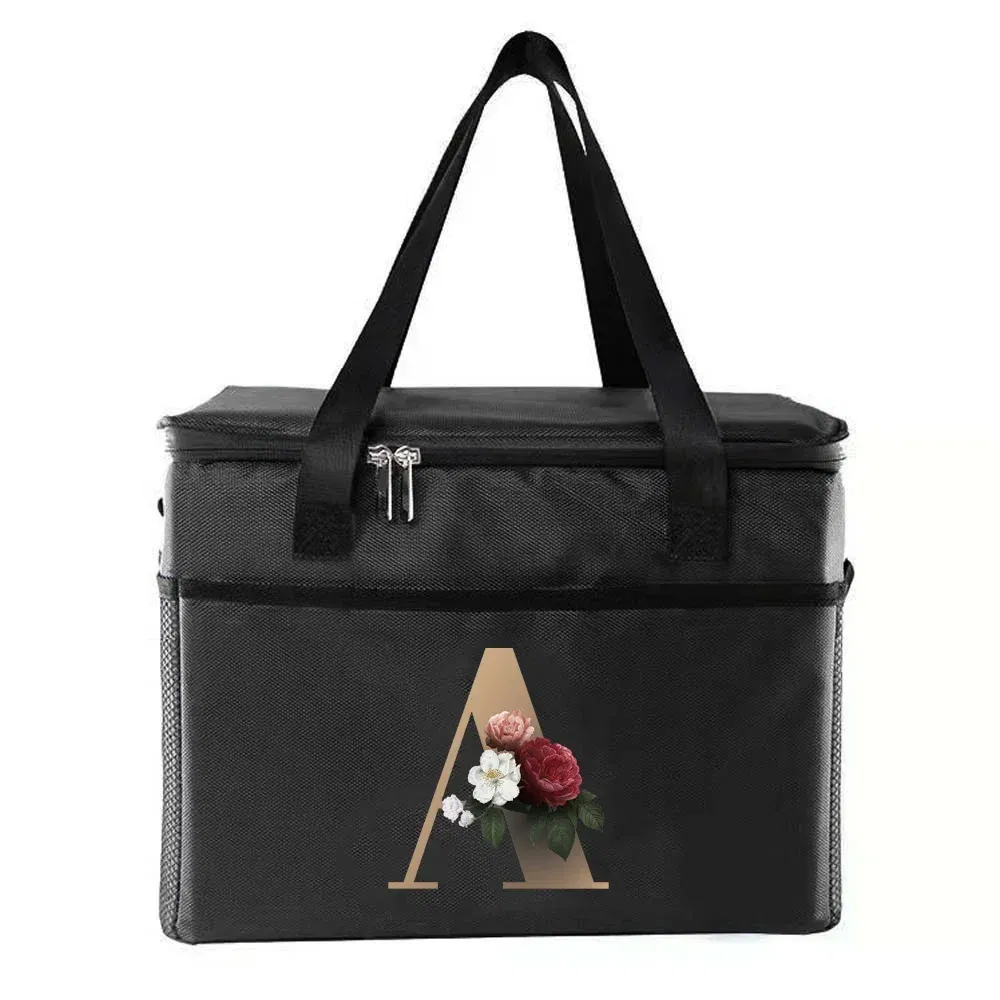 Color: Orange - Thermal Bag Portable Lunch Bags Insulated Cooler Bag Food Bento Bags Printing Gold Letter Series Travel Picnic Storage Ice Bags
