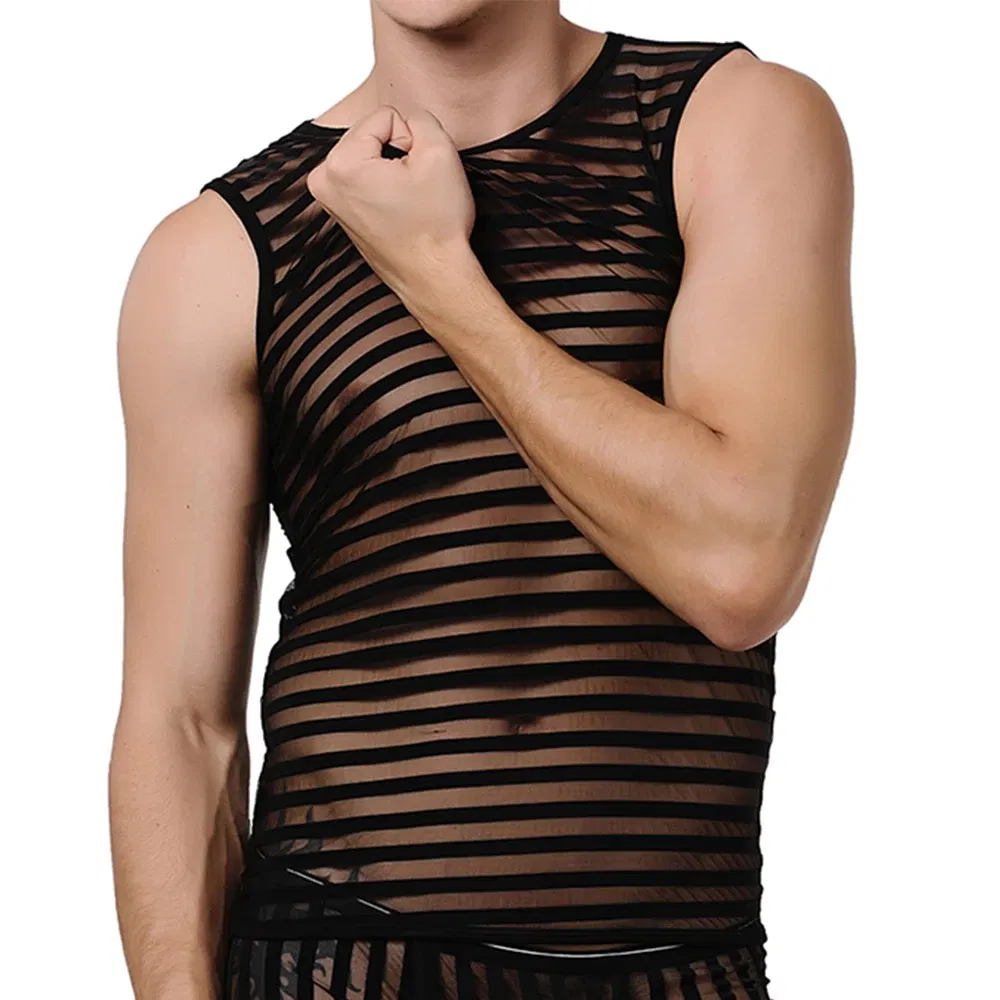 Color: black, Size: L - Striped Transparent Tank Top Black Sexy Mesh Tops Men Clothing Gym Quick Dry Vests Fashion Casual Summer Sleeveless Solid Top