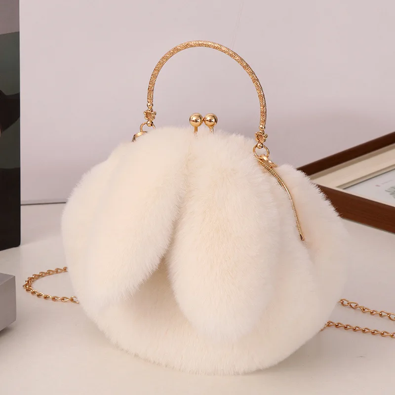 Color: Pink - Adorable Rabbit Ears Fluffy Crossbody Bag Women Stylish Chain Shoulder Handbag New