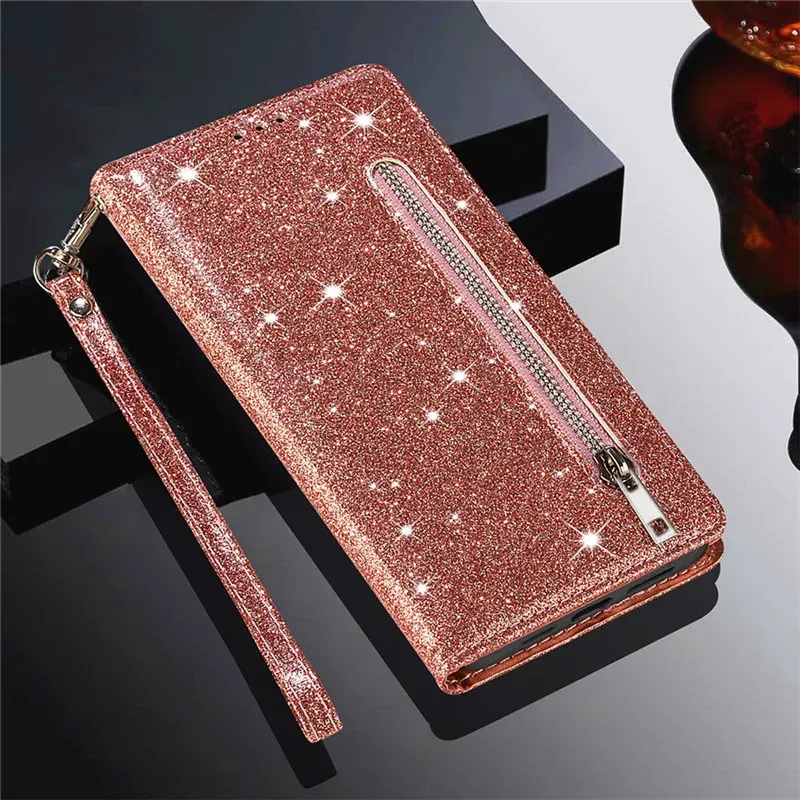 Color: Beige, Material: Other - Zipper Flip Wallet Glitter Leather Case for iPhone 16 15 14 13 12 11 Pro Max XS XR 8 7 Plus SE 2022 Mini Bling Stand Phone Cover