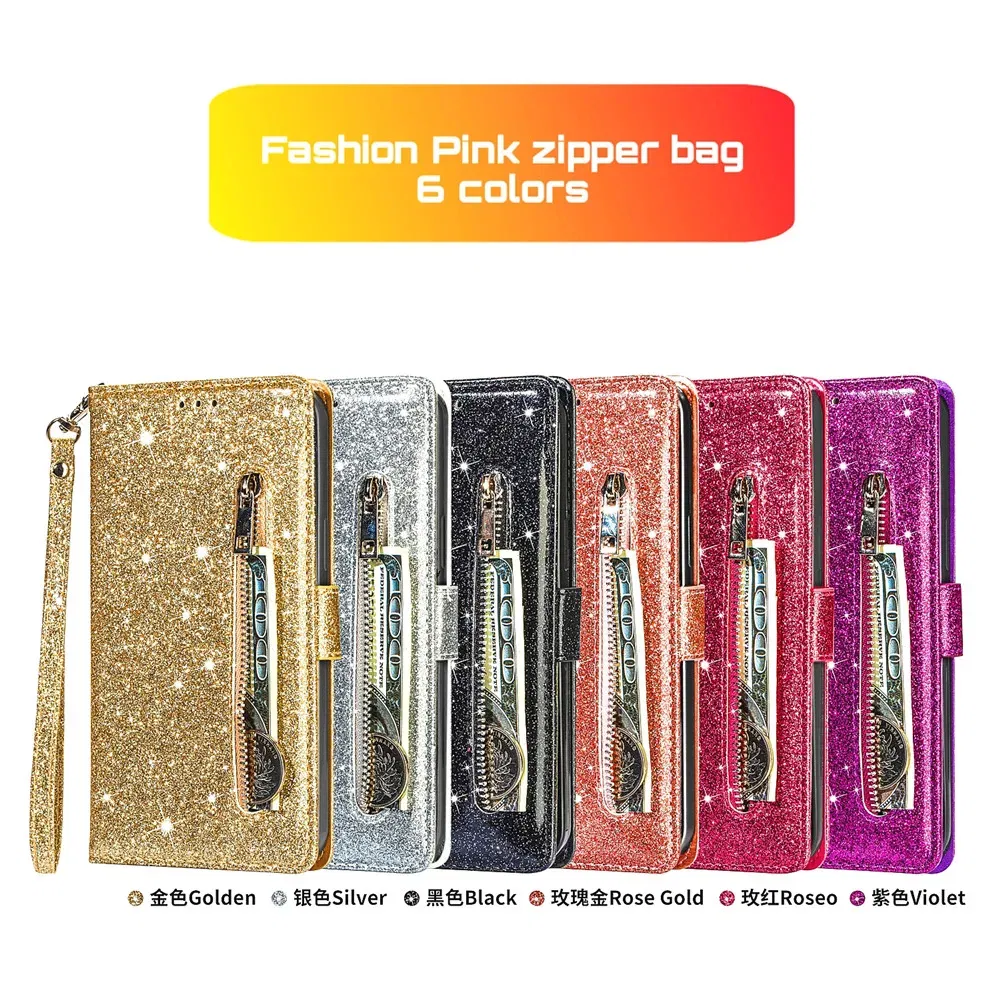 Color: Beige, Material: Other - Zipper Flip Wallet Glitter Leather Case for iPhone 16 15 14 13 12 11 Pro Max XS XR 8 7 Plus SE 2022 Mini Bling Stand Phone Cover