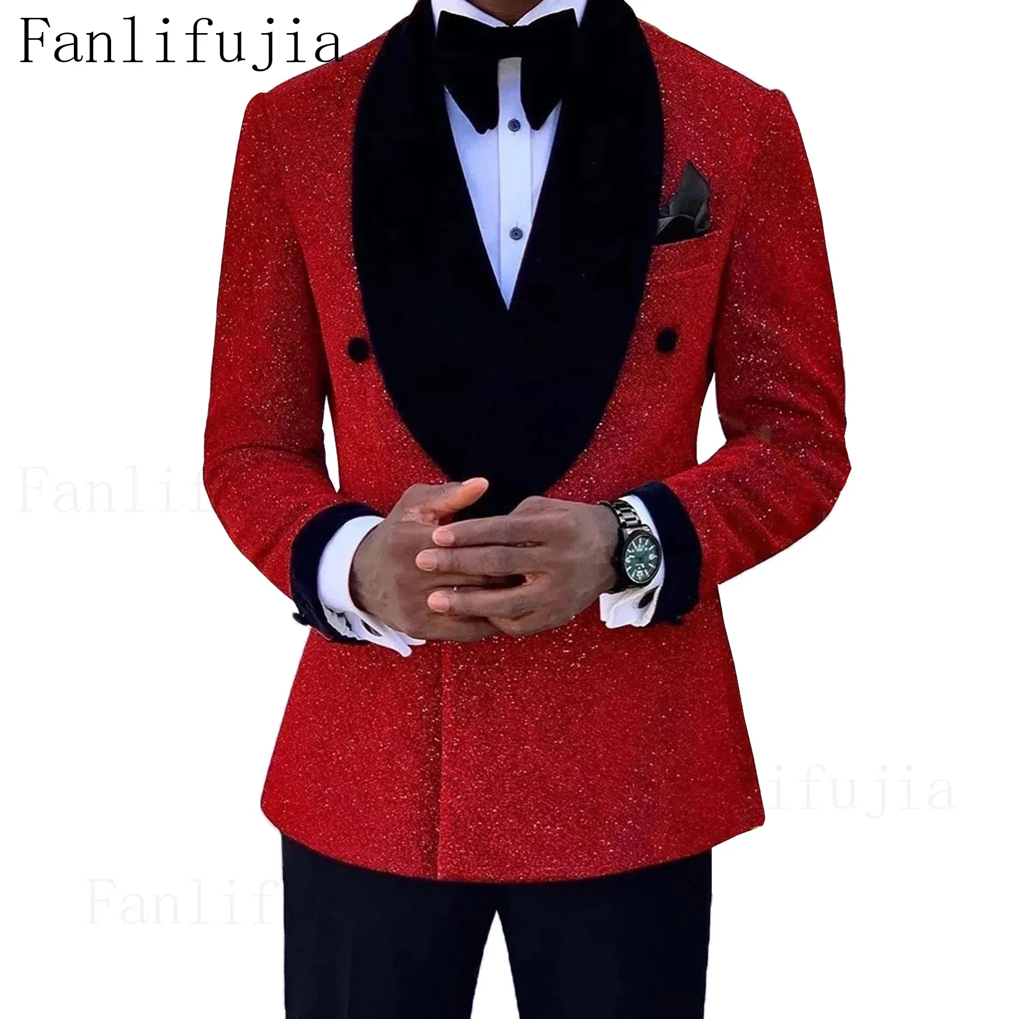 Color: Red, Size: L - Fanlifujia Luxury Red Glitter Suits Men Groom Wedding Tuxedo Double Breasted Blazer Formal Evening Party Prom Dress 2 Pieces Set