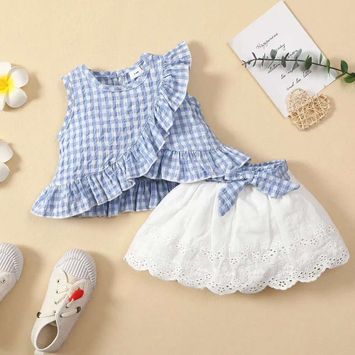 Kid Size: newborn, Color: Yellow - Charming Girls' Summer Ensemble: Sleeveless Plaid Ruffle Top & Lace Hem Skirt - Comfy, Durable & Stylish