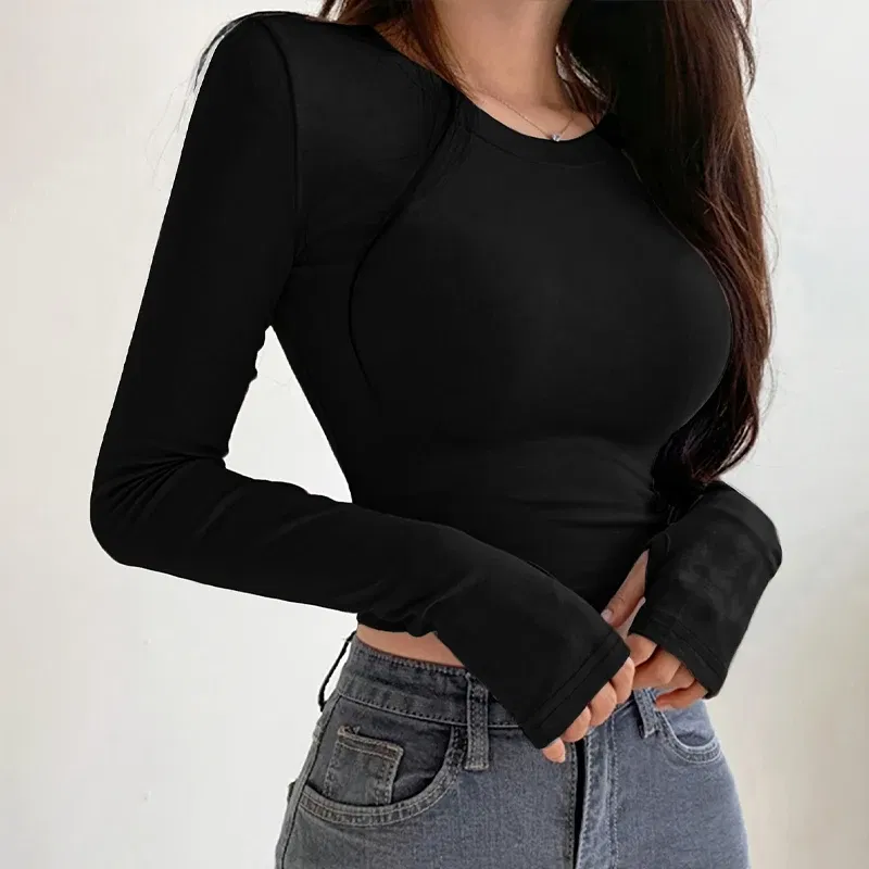 Color: black, Size: L - Autumn Winter Women's Long Sleeve T Shirt Slim Fit Tees Crop Tops Shirts Basic Tee Tops Workout Streetwear Y2K Fall Fashion 2025