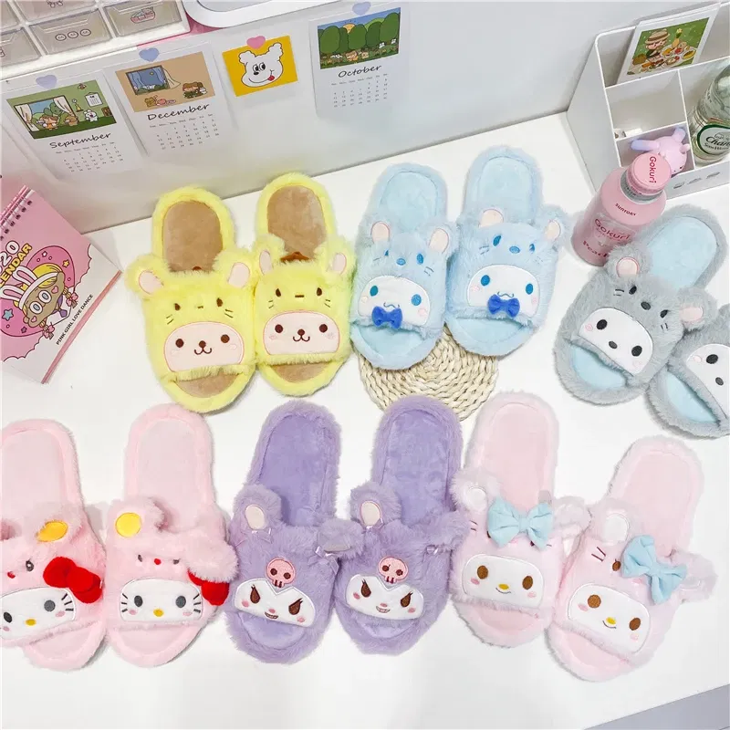 Color: Light Blue, Shoe Size: 36 - Japanese Anime Slippers Cartoon Open Toe Sweet Girly Indoor Home Plush Shoes Flat Non-slip Casual Girl Spring Autumn Kawaii