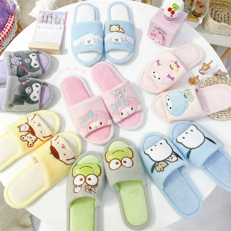 Color: Light Blue, Shoe Size: 36 - Japanese Anime Slippers Cartoon Open Toe Sweet Girly Indoor Home Plush Shoes Flat Non-slip Casual Girl Spring Autumn Kawaii
