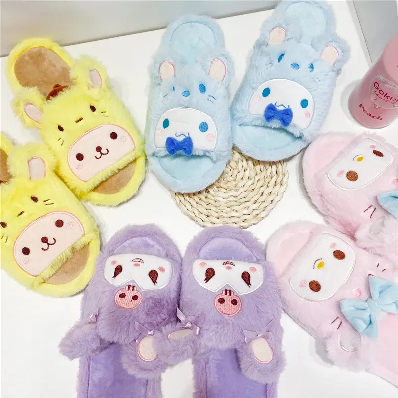 Color: Light Blue, Shoe Size: 36 - Japanese Anime Slippers Cartoon Open Toe Sweet Girly Indoor Home Plush Shoes Flat Non-slip Casual Girl Spring Autumn Kawaii