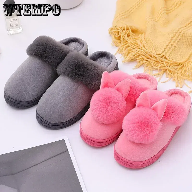 Color: Grape, Shoe Size: 3 - WTEMPO Fluffy House Shoes Women Winter Warm Slippers Cute Rabbit Ears Female Furry Plush Slippers Home Indoor Ladies Soft Shoes