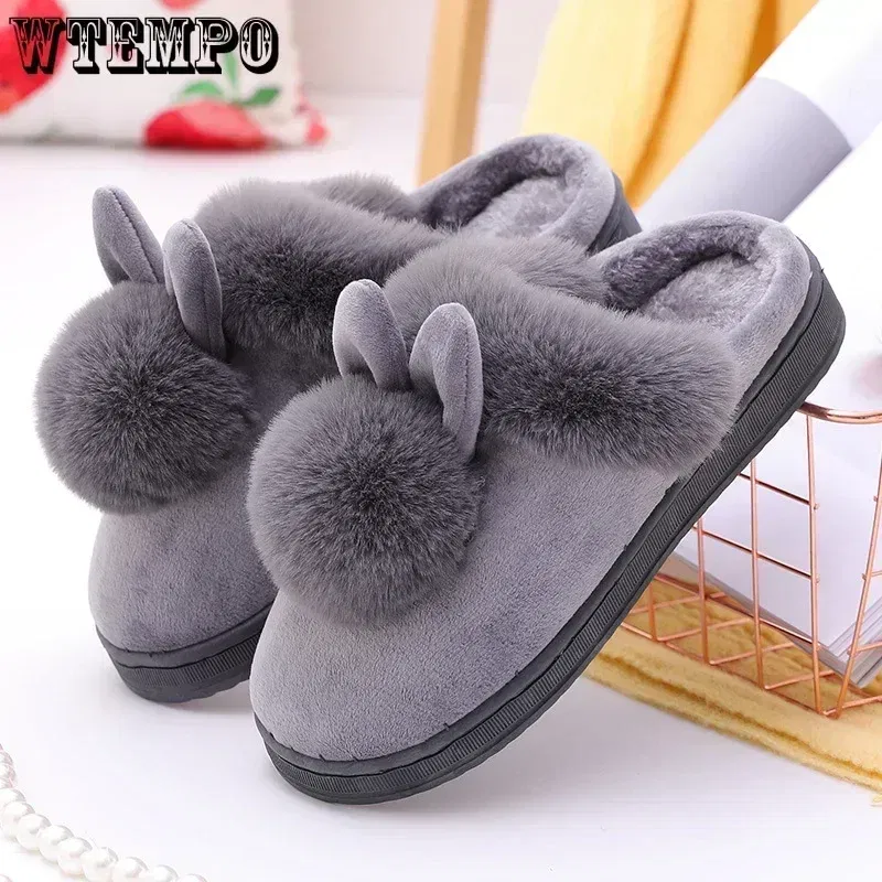 Color: Grape, Shoe Size: 3 - WTEMPO Fluffy House Shoes Women Winter Warm Slippers Cute Rabbit Ears Female Furry Plush Slippers Home Indoor Ladies Soft Shoes