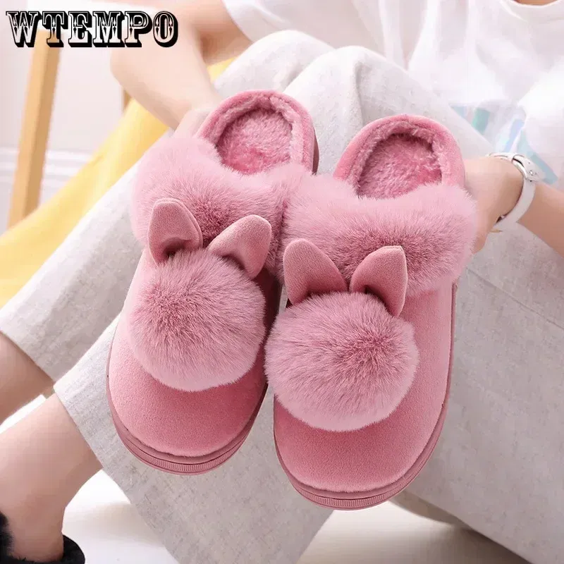 Color: Grape, Shoe Size: 3 - WTEMPO Fluffy House Shoes Women Winter Warm Slippers Cute Rabbit Ears Female Furry Plush Slippers Home Indoor Ladies Soft Shoes