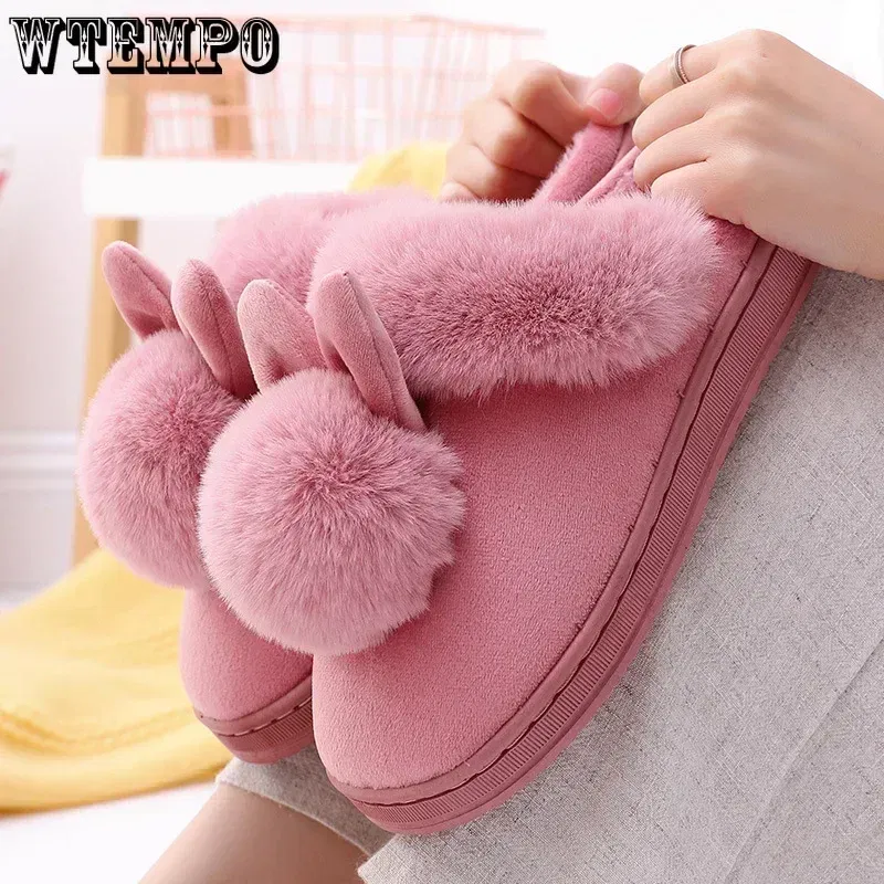 Color: Grape, Shoe Size: 3 - WTEMPO Fluffy House Shoes Women Winter Warm Slippers Cute Rabbit Ears Female Furry Plush Slippers Home Indoor Ladies Soft Shoes