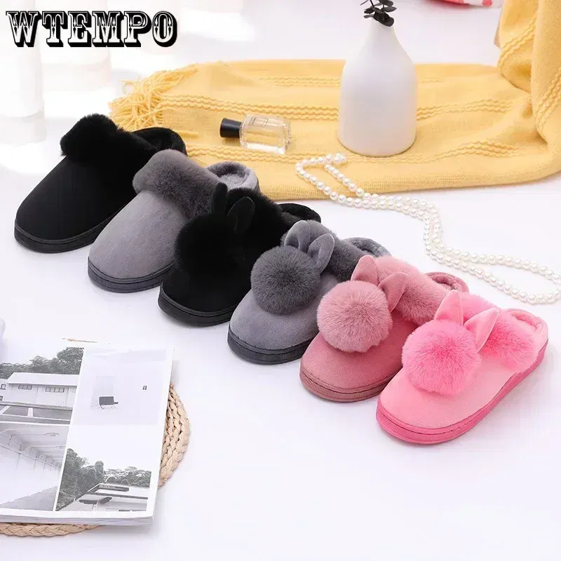 Color: Grape, Shoe Size: 3 - WTEMPO Fluffy House Shoes Women Winter Warm Slippers Cute Rabbit Ears Female Furry Plush Slippers Home Indoor Ladies Soft Shoes