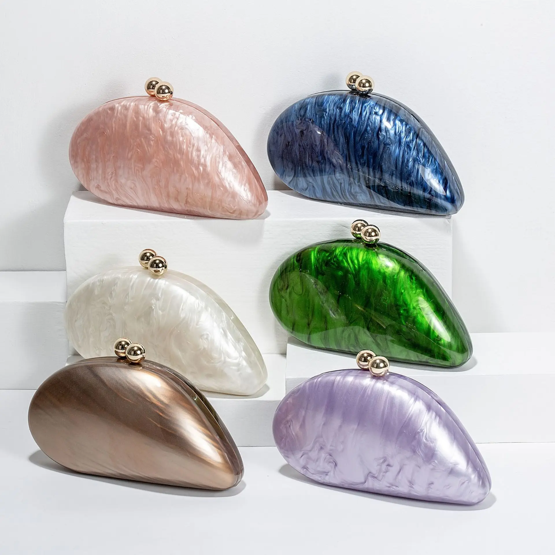 Color: Beige - 2024 New Hot Sale Acrylic Shell Shape Clutch Bag Women Designer Evening Party Cute Pearl Egg Purse Blue Handbag Wholesale