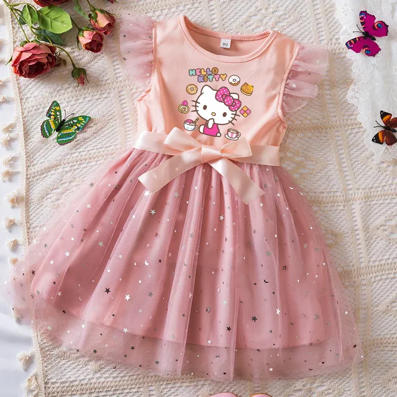 Color: Brown, Kid Size: 11 - Hello Kitty Girls Sequin Tutu Dress with Bow Flutter Sleeves Summer Princess Party Outfit for Toddler Kids 2-6 Years