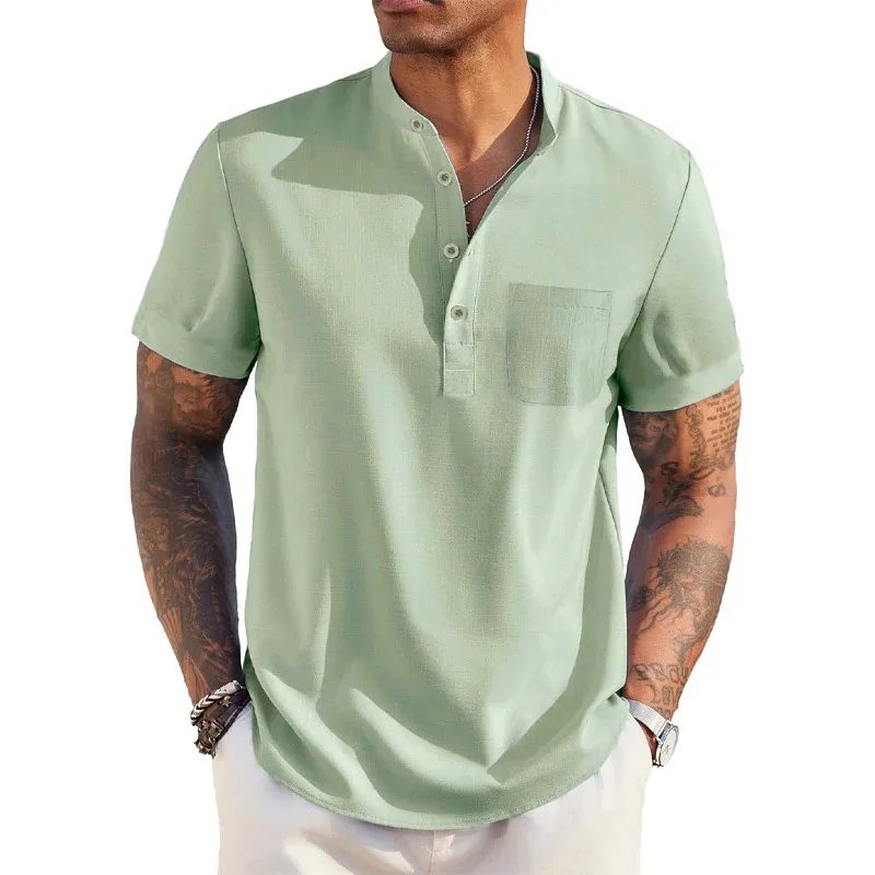 Color: SKY BLUE, Size: S - Summer Men's Cotton Linen T-Shirt Henley Neck Pocket Casual Lightweight Breathable Beach Shirt Solid Color Basic Style Tops