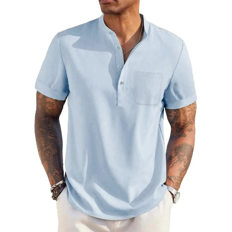 Color: SKY BLUE, Size: S - Summer Men's Cotton Linen T-Shirt Henley Neck Pocket Casual Lightweight Breathable Beach Shirt Solid Color Basic Style Tops