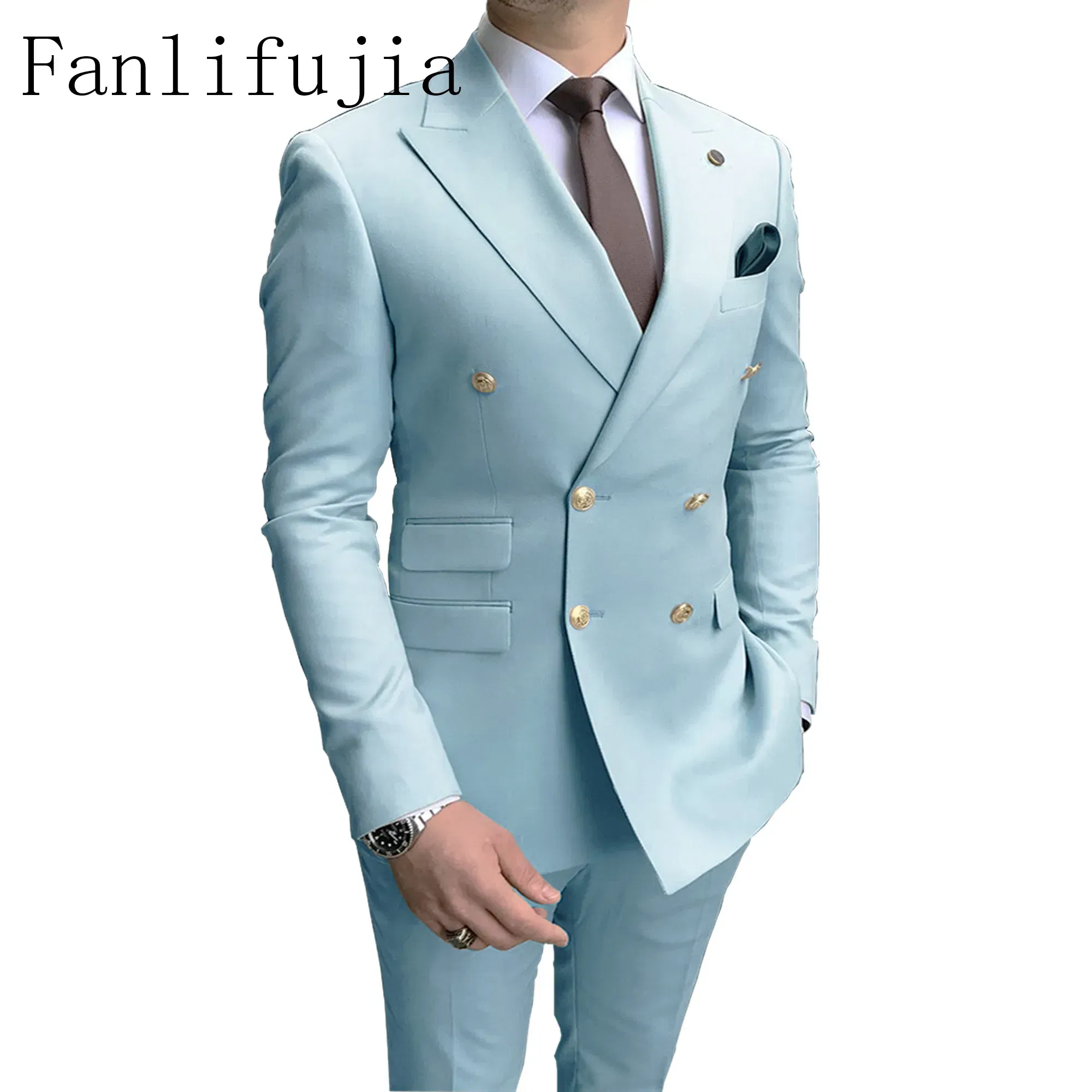 Color: Khaki, Size: M - Fanlifujia Store 2024 Casual Sky Blue Men Suits Double Brested Peak Lapel  Gold Button Groom Wedding Tuxedos Best Costume Homme