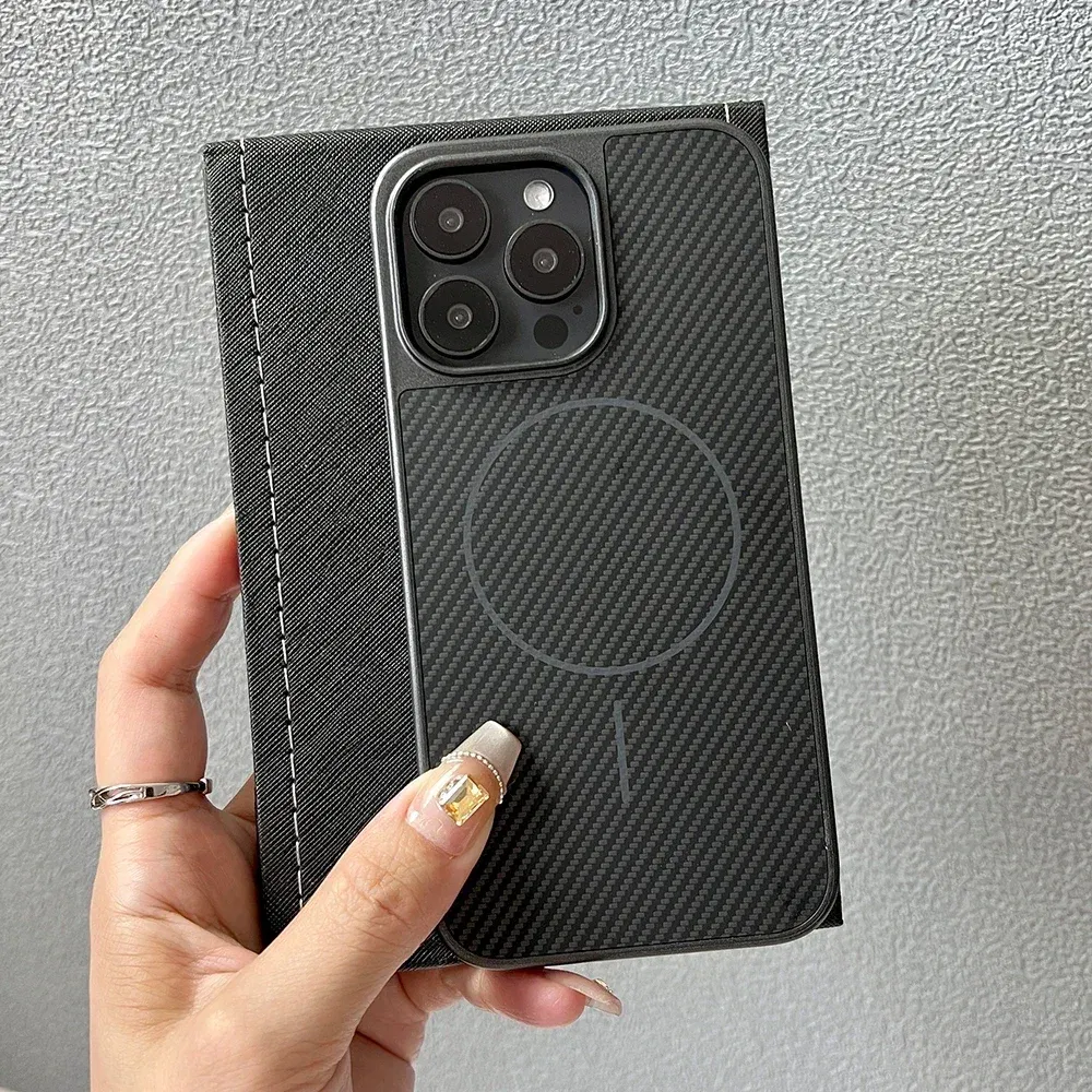 Color: Beige, Compatible-Phone Models: For iPhone 14 - Carbon Fiber Textured Magnetic Phone Case For iPhone 16 Pro Max 15 14 13 12 Shockproof Soft Cover For Magsafe Wireless Charging