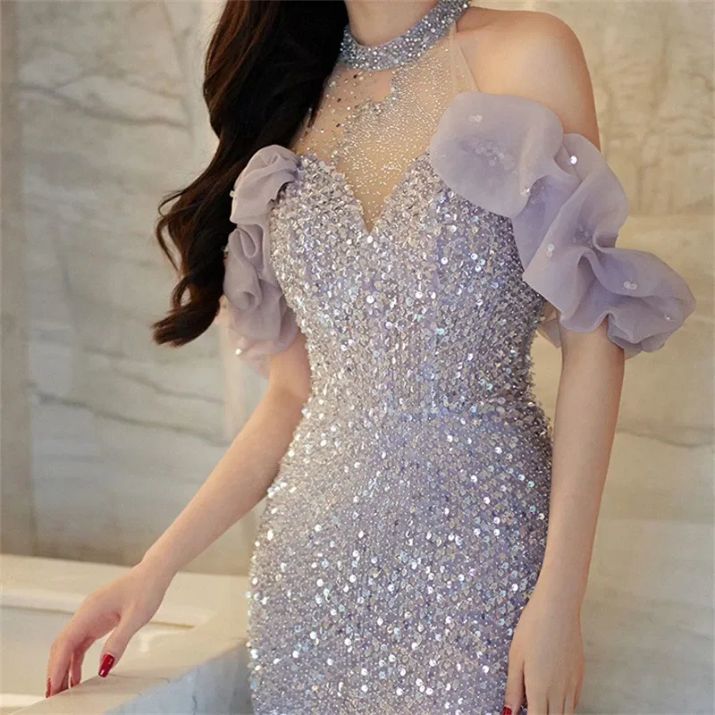 Color: Beige, Size: L - High-End Neck Evening Dress New Entry Luxury Niche Banquet Elegant Usually Wearing Sequin Fishtail Dress Princess Sleeve Women's