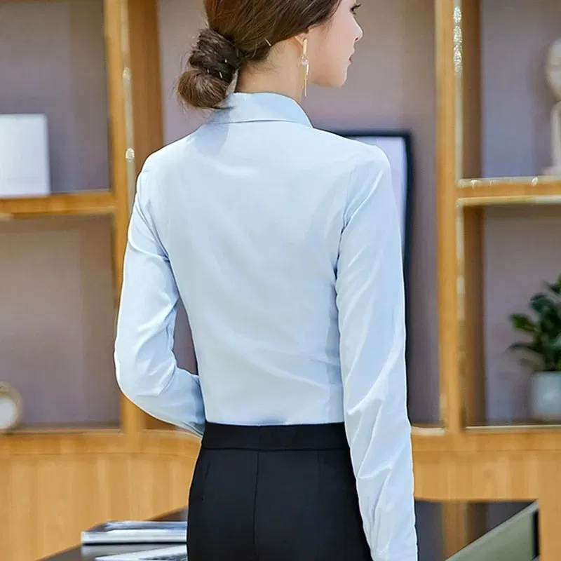 Color: WHITE, Size: XXXL - Elegant Women Shirts Woman White Shirt Long Sleeve Blouse Office Lady business Pink Shirts Button Solid Women work Blouses Tops