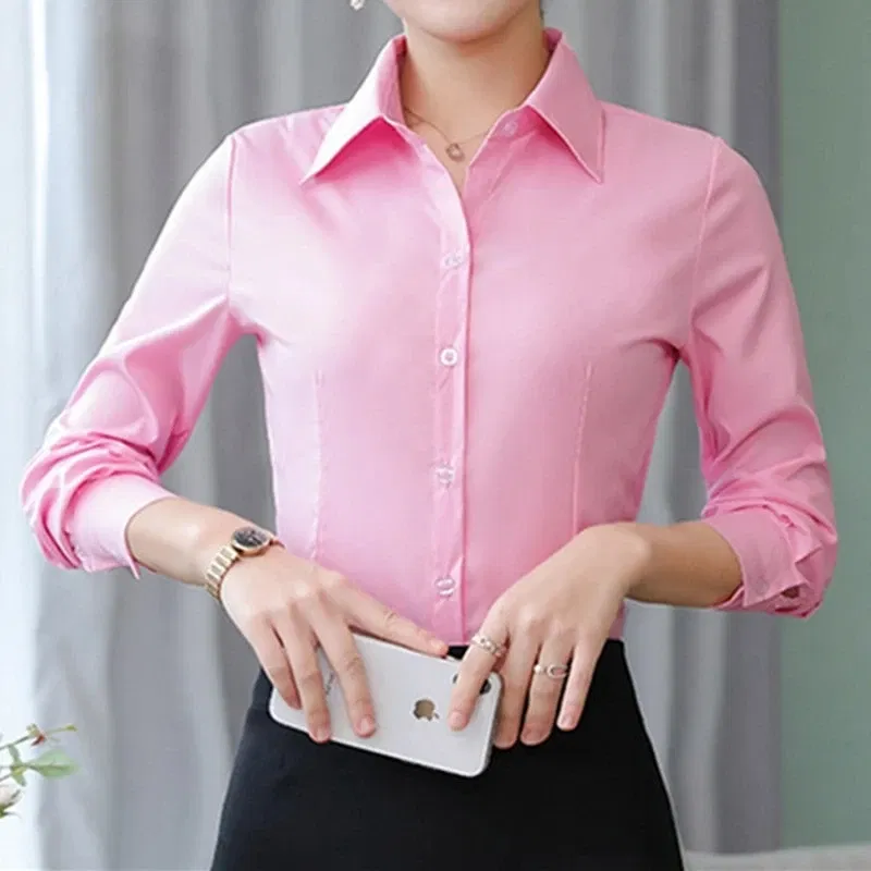 Color: WHITE, Size: XXXL - Elegant Women Shirts Woman White Shirt Long Sleeve Blouse Office Lady business Pink Shirts Button Solid Women work Blouses Tops
