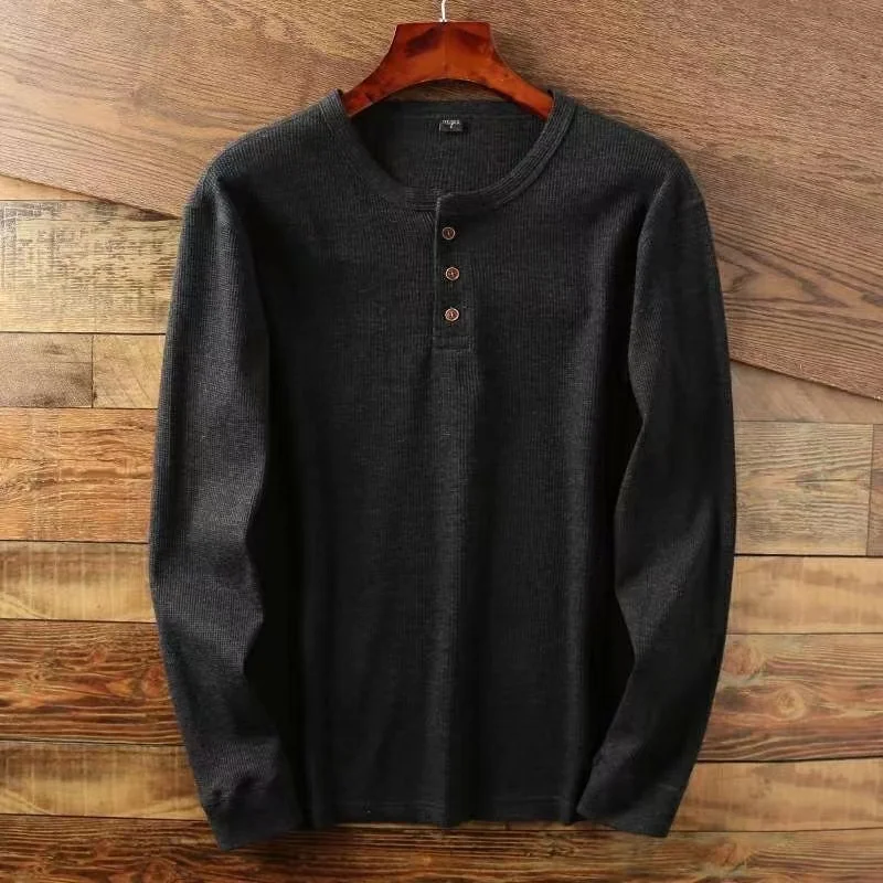 Color: Khaki, Size: M, Ships From: CHINA - Slim Fit Mens Basic Tee Casual Tshirts Henley Waffle Long Sleeve Shirts Thermal Solid Half Button Breathable 100% Cotton Shirts