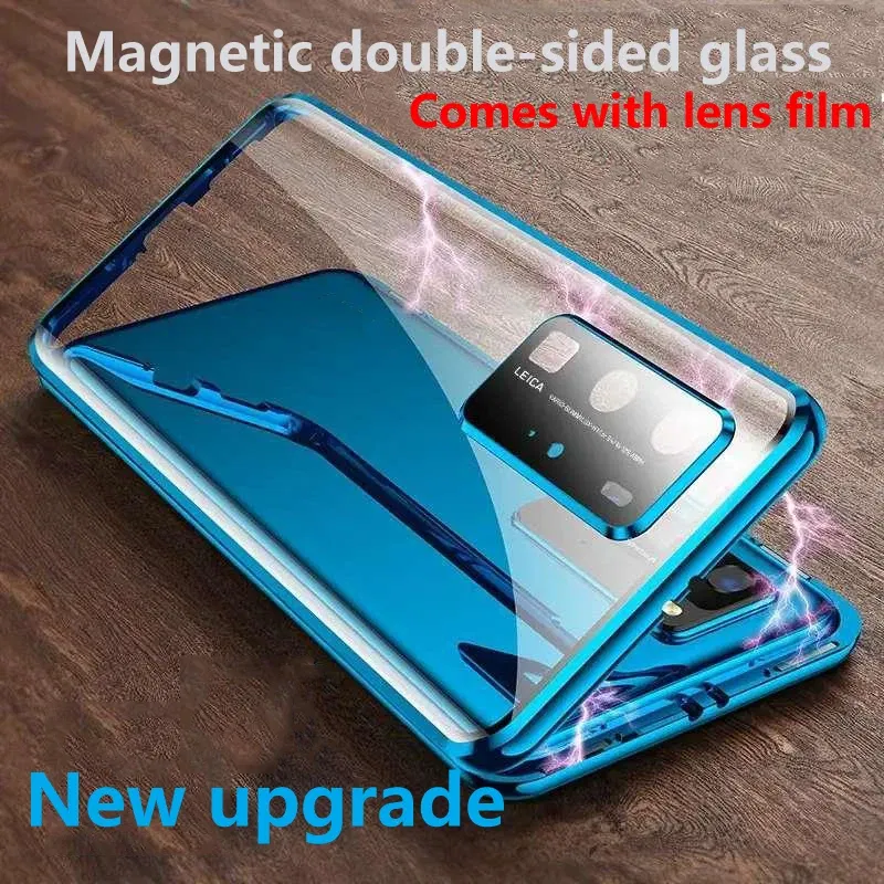Color: Blue, Material: Aluminum - Phone Case Shell Double sided Protection Cover For Huawei P30 Pro P40 Pro Plus P40 Lite 5G Magnetic Adsorption Phone Sleeve bag