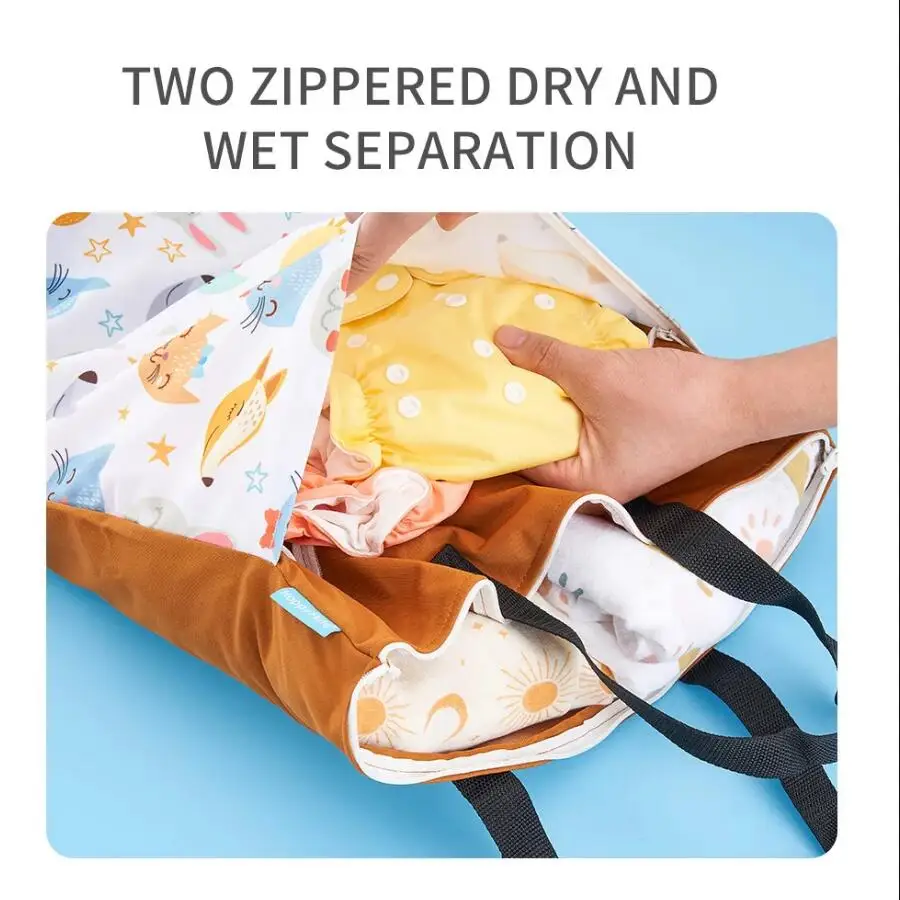 Color: MULTI - Happyflute Reusable Hanging Wet Dry Cloth Diaper Bag With Double Zippered Pockets 40*70cm