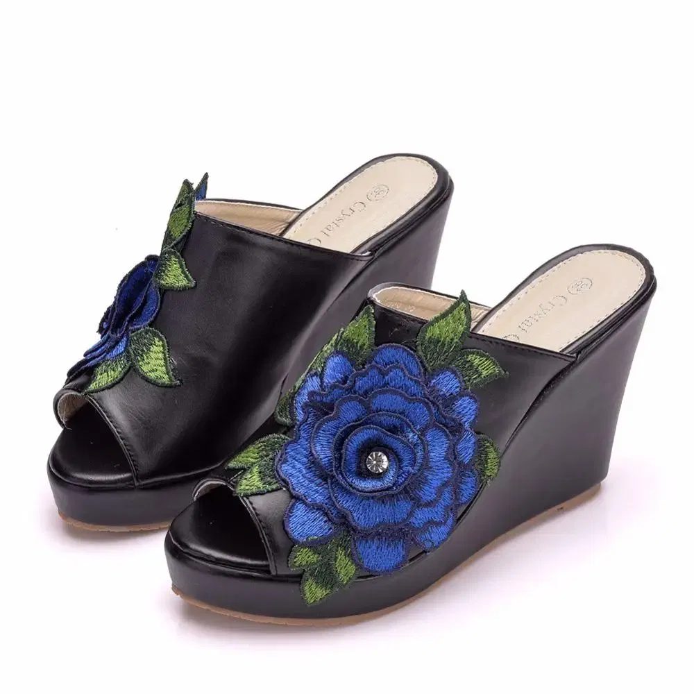 Color: black, Shoe Size: 39 - Crystal Queen Black White Peep Toe Platform Wedges High Heels Slippers Beach Sandals Women Lace Flower