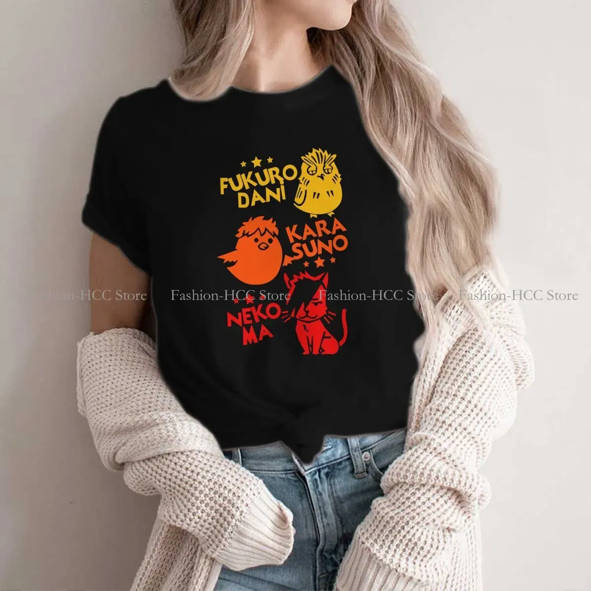 Color: WHITE, Size: L - Best Team O Neck Polyester TShirt Haikyuu Cartoon Anime Classic T Shirt Women Tops