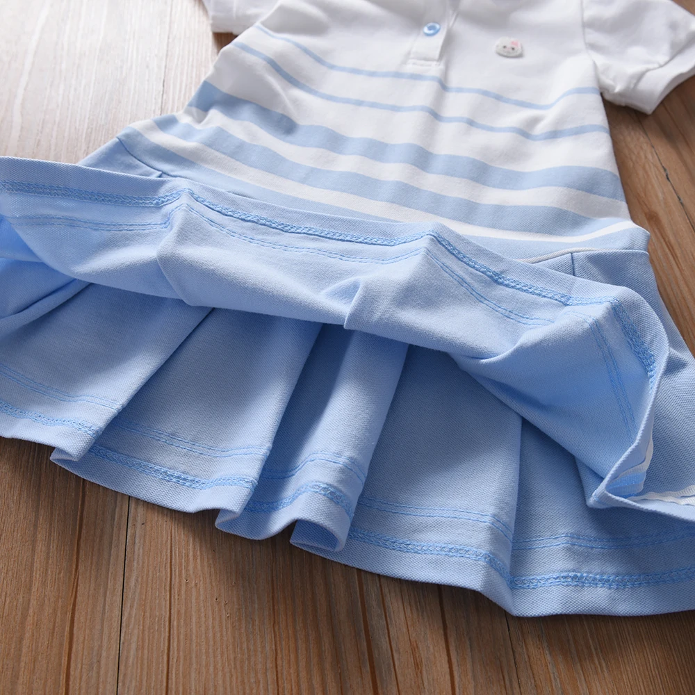 Color: Blue, Kid Size: 5 - Girls' Fashion Polo Dress with Stripes Kids Elegant Puffed Sleeves Clothes Baby Girls Summer Dresses